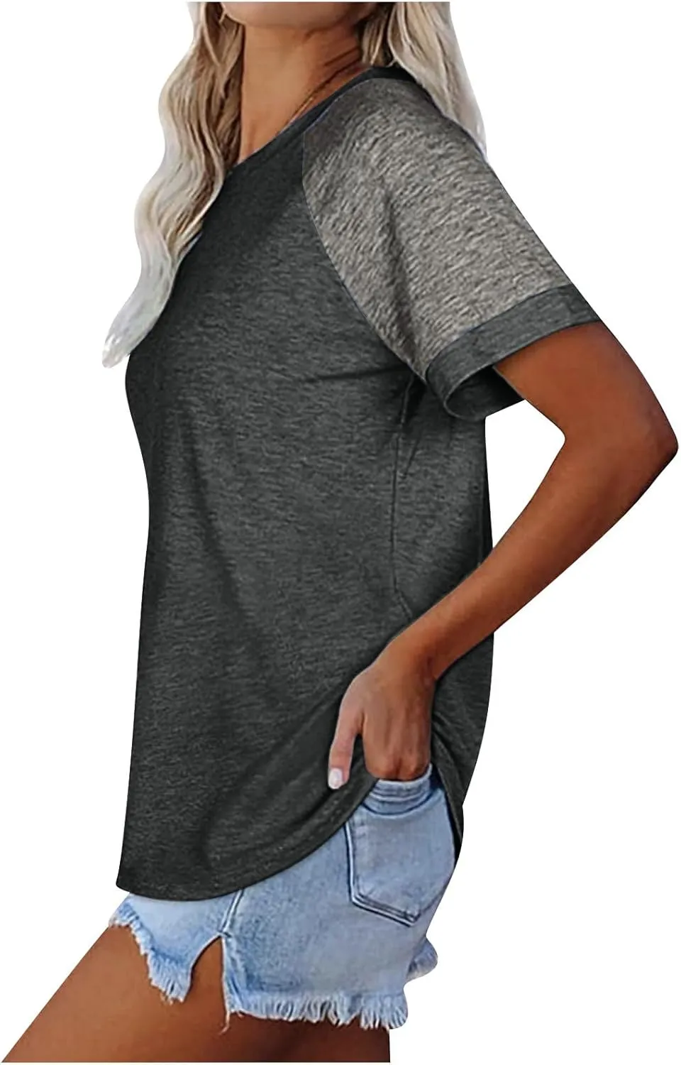 Women's Short Raglan Sleeve T-Shirts Trendy Casual Color Block Crewneck Tops Daily Outdoor Loose Fit Spring Shirts