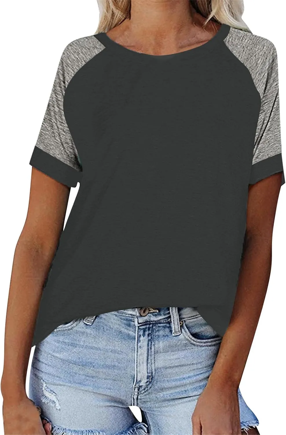 Women's Short Raglan Sleeve T-Shirts Trendy Casual Color Block Crewneck Tops Daily Outdoor Loose Fit Spring Shirts