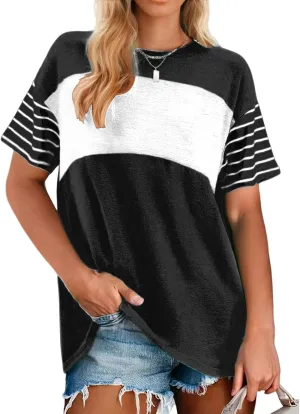 Womens Short Sleeve Tops, Color Block Striped Shirts for Women, Crewneck Oversize Blouses, Casual Summer Tops Women