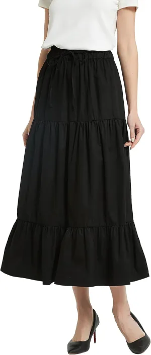 Womens Summer A Line Denim Skirt Flowy Trendy Tired Pleated Layers Elastic Waist Front Drawstring Midi Long Skirt