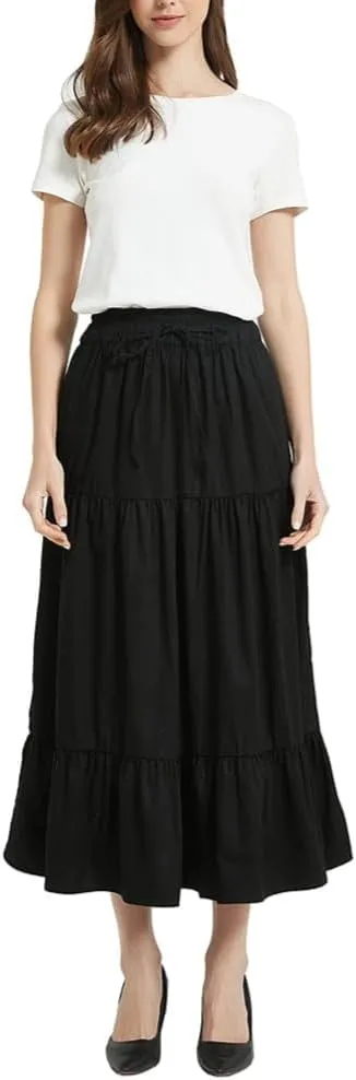 Womens Summer A Line Denim Skirt Flowy Trendy Tired Pleated Layers Elastic Waist Front Drawstring Midi Long Skirt
