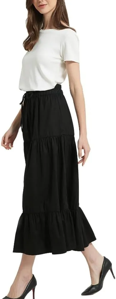 Womens Summer A Line Denim Skirt Flowy Trendy Tired Pleated Layers Elastic Waist Front Drawstring Midi Long Skirt