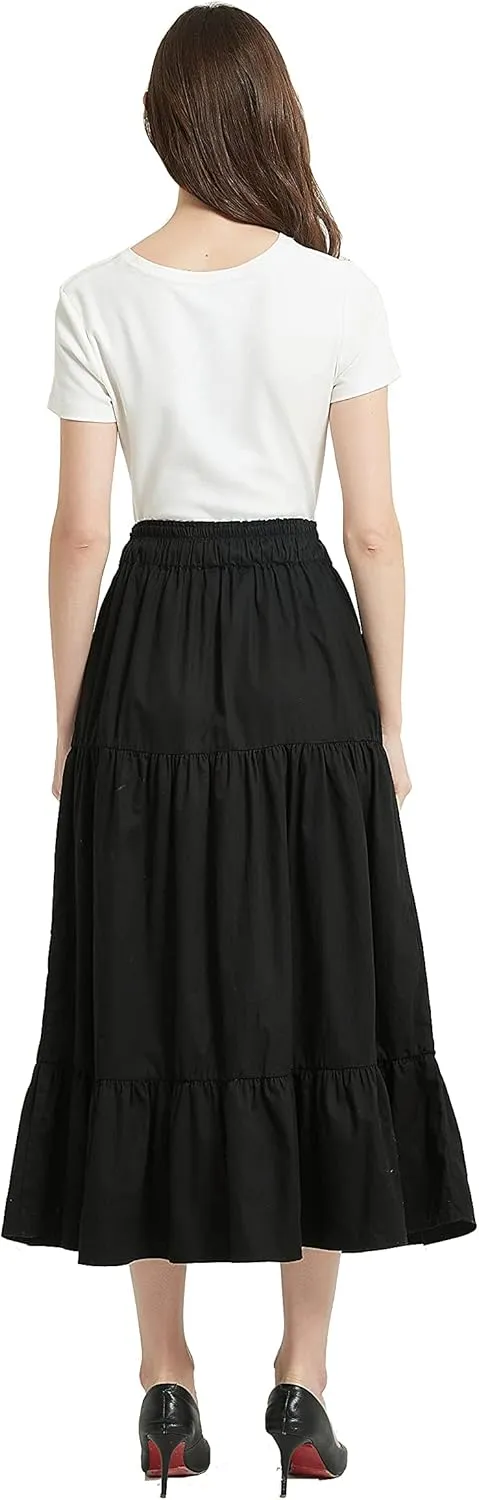 Womens Summer A Line Denim Skirt Flowy Trendy Tired Pleated Layers Elastic Waist Front Drawstring Midi Long Skirt