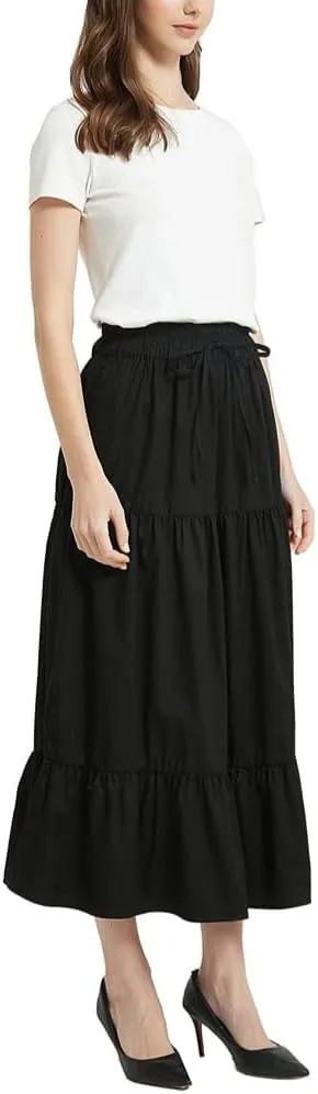 Womens Summer A Line Denim Skirt Flowy Trendy Tired Pleated Layers Elastic Waist Front Drawstring Midi Long Skirt
