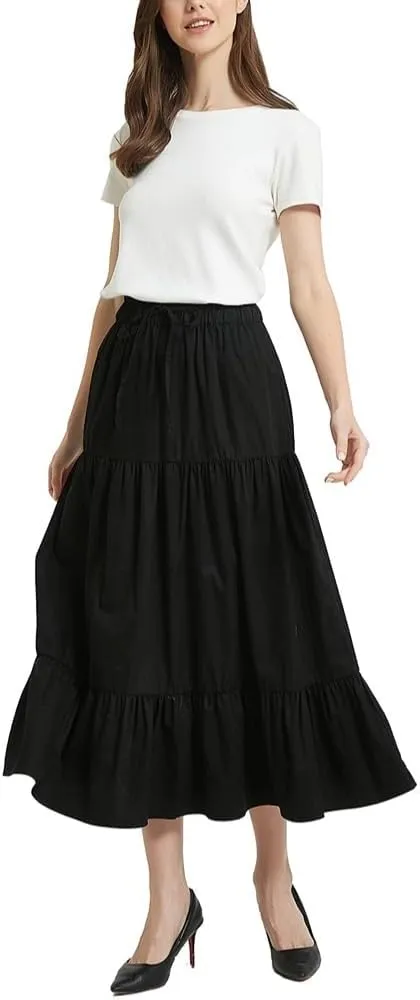 Womens Summer A Line Denim Skirt Flowy Trendy Tired Pleated Layers Elastic Waist Front Drawstring Midi Long Skirt