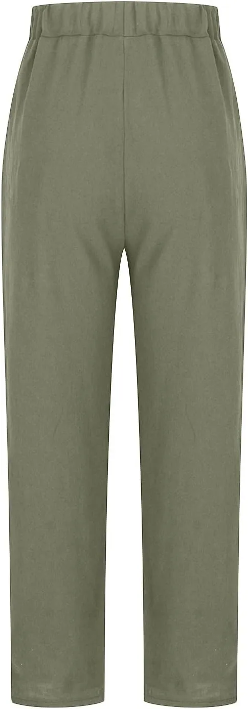 Women's Summer Cotton Linen Straight Pants Elastic Waist Casual Capri Pants Solid Large Lounge Beach Trousers Pockets