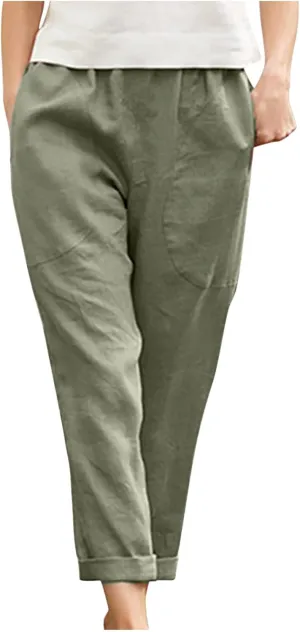 Women's Summer Cotton Linen Straight Pants Elastic Waist Casual Capri Pants Solid Large Lounge Beach Trousers Pockets