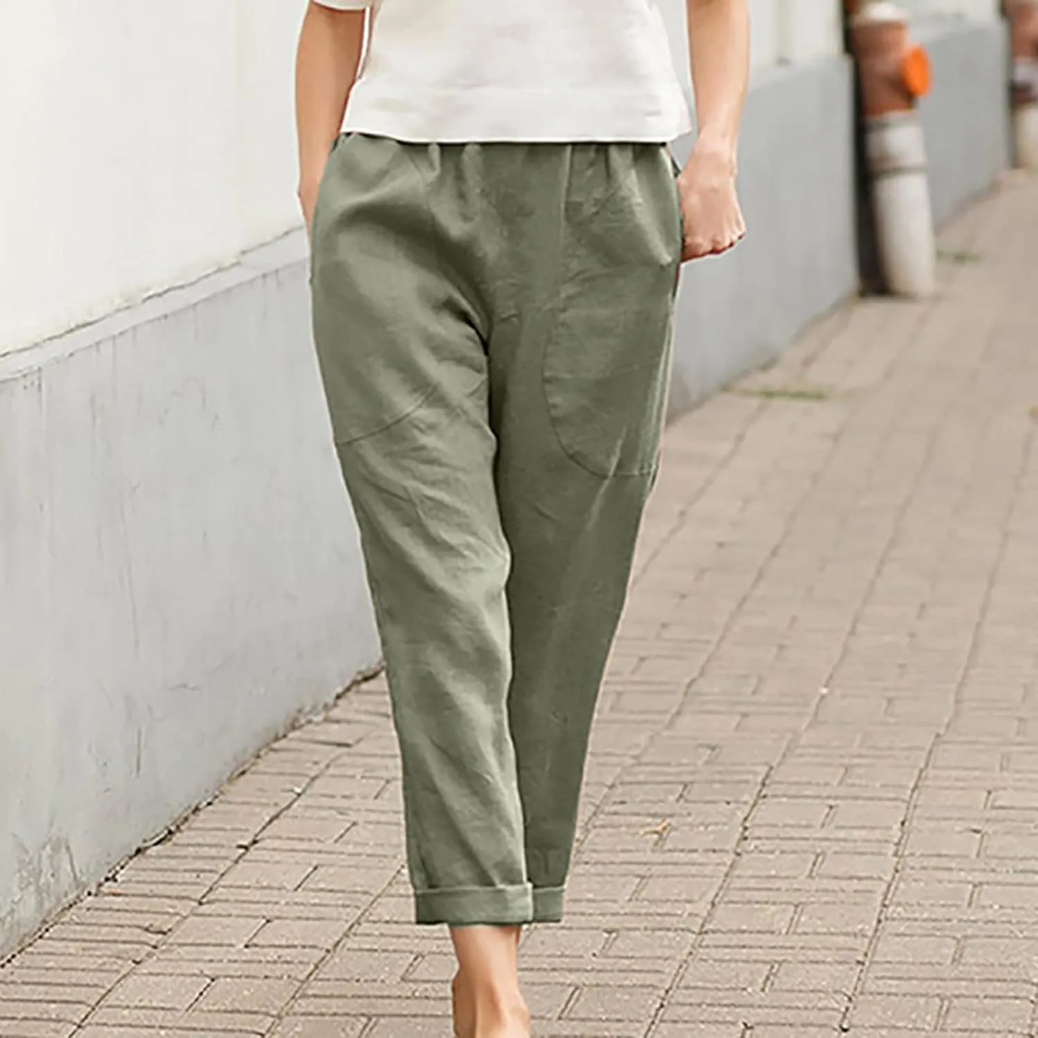 Women's Summer Cotton Linen Straight Pants Elastic Waist Casual Capri Pants Solid Large Lounge Beach Trousers Pockets
