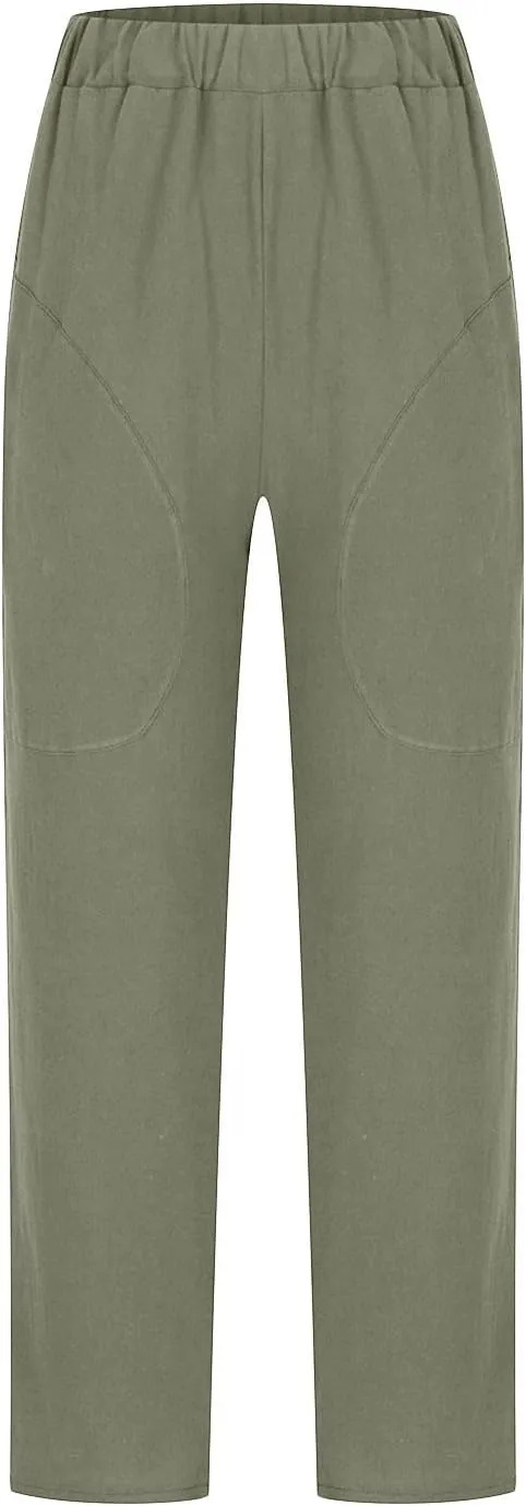 Women's Summer Cotton Linen Straight Pants Elastic Waist Casual Capri Pants Solid Large Lounge Beach Trousers Pockets