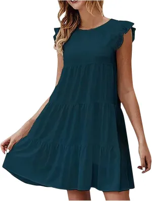 Womens Summer Ruffle Cap Sleeve T Shirt Dress Layers Crewneck Mini Dresses Casual Flowy Tiered Boho Beach Sundress