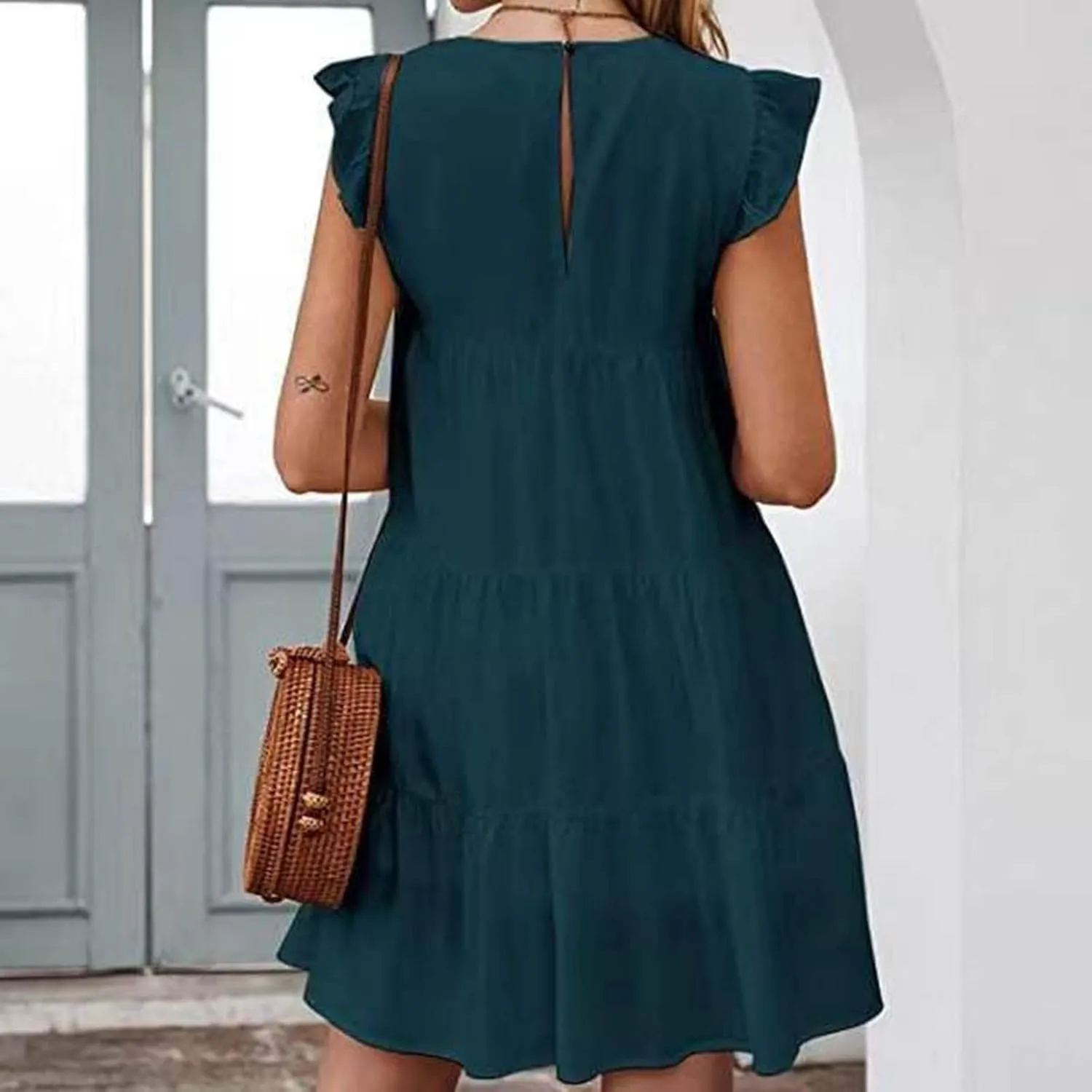 Womens Summer Ruffle Cap Sleeve T Shirt Dress Layers Crewneck Mini Dresses Casual Flowy Tiered Boho Beach Sundress