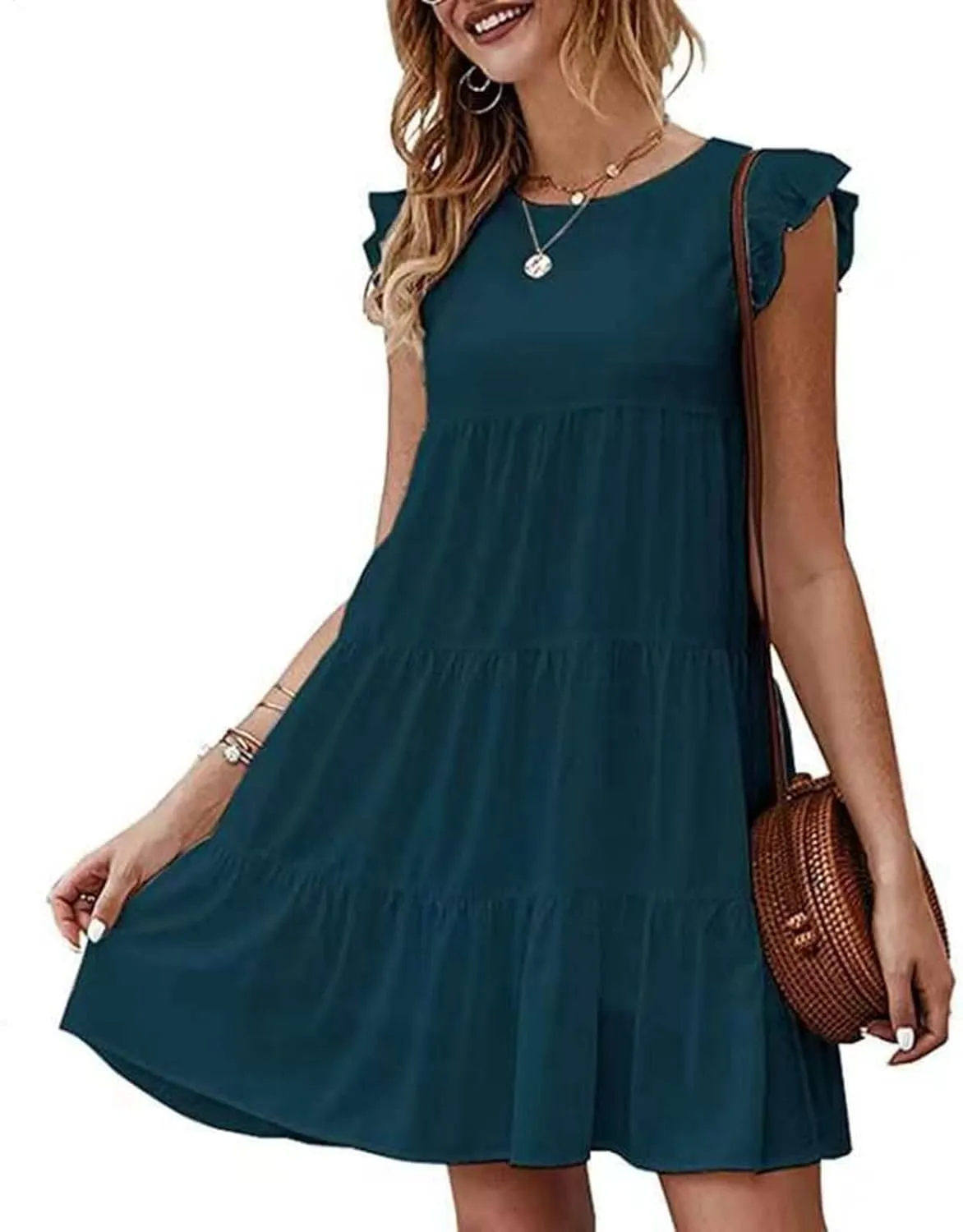 Womens Summer Ruffle Cap Sleeve T Shirt Dress Layers Crewneck Mini Dresses Casual Flowy Tiered Boho Beach Sundress