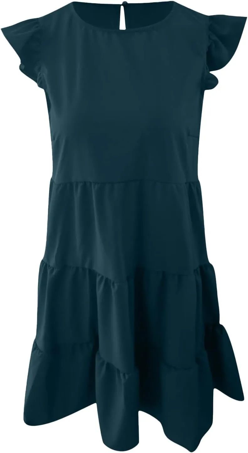 Womens Summer Ruffle Cap Sleeve T Shirt Dress Layers Crewneck Mini Dresses Casual Flowy Tiered Boho Beach Sundress