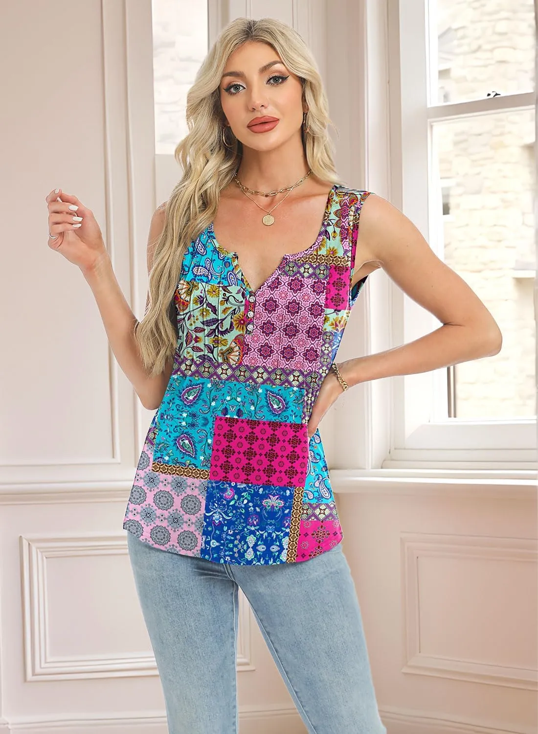 Womens Summer Tank Tops V Neck Sleeveless Buttons Pleated Casual Shirts Dressy Loose Fit Tshirts Blouses