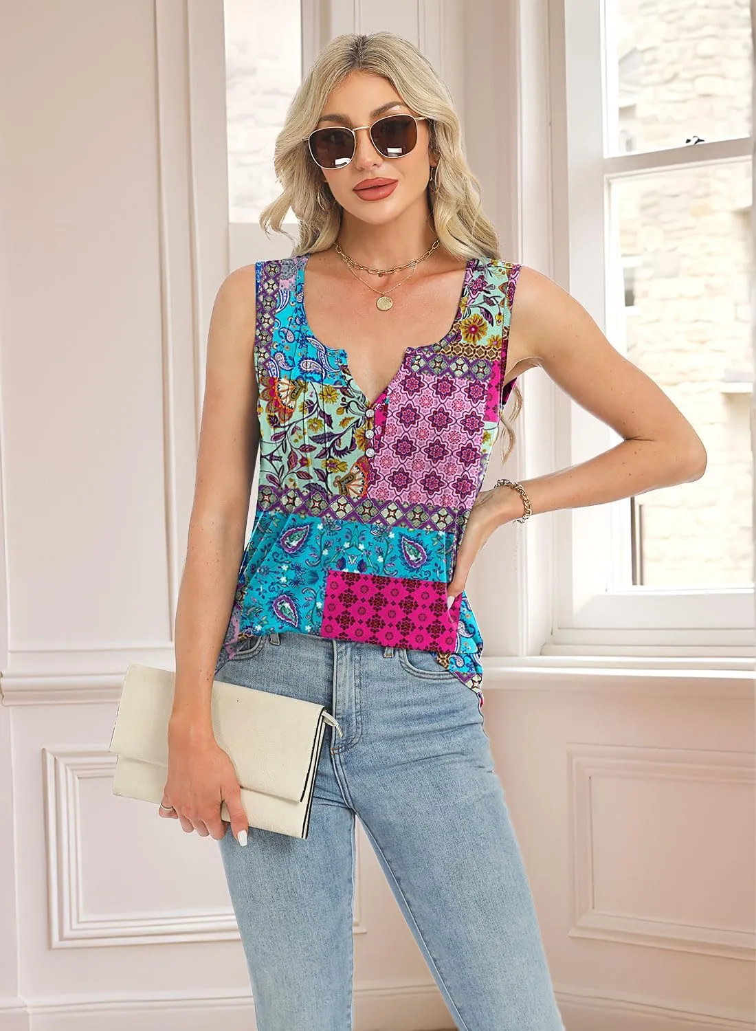 Womens Summer Tank Tops V Neck Sleeveless Buttons Pleated Casual Shirts Dressy Loose Fit Tshirts Blouses