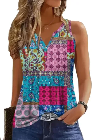 Womens Summer Tank Tops V Neck Sleeveless Buttons Pleated Casual Shirts Dressy Loose Fit Tshirts Blouses