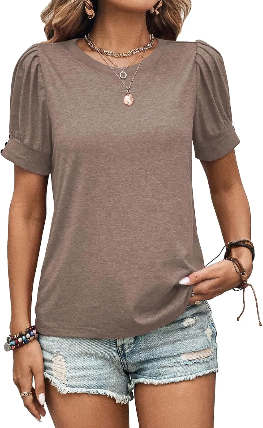 Womens Summer Tops 2025 Puff Short Sleeves Shirts Dressy Casual Tee Ladies Blouses Stylish T-Shirts Cute Spring Tshirts