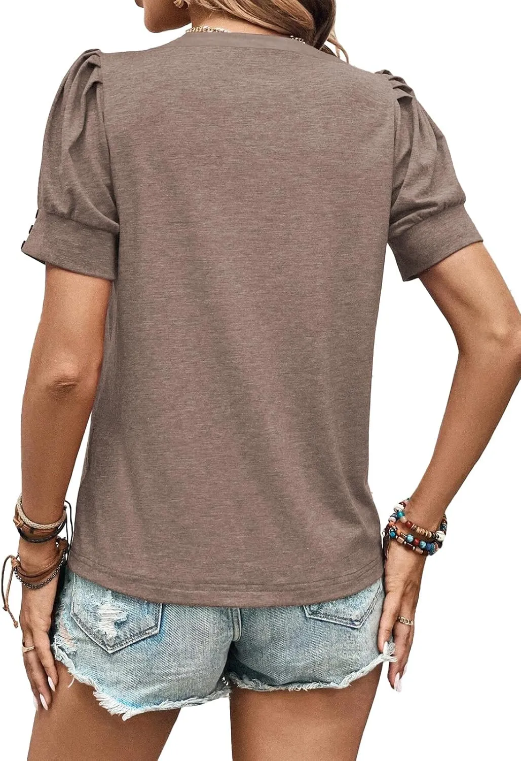 Womens Summer Tops 2025 Puff Short Sleeves Shirts Dressy Casual Tee Ladies Blouses Stylish T-Shirts Cute Spring Tshirts
