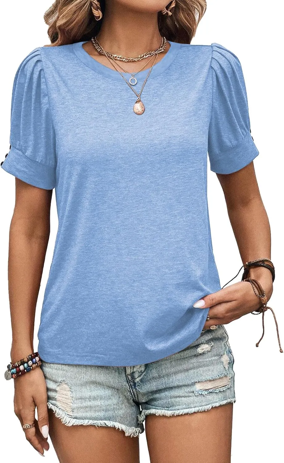 Womens Summer Tops 2025 Puff Short Sleeves Shirts Dressy Casual Tee Ladies Blouses Stylish T-Shirts Cute Spring Tshirts