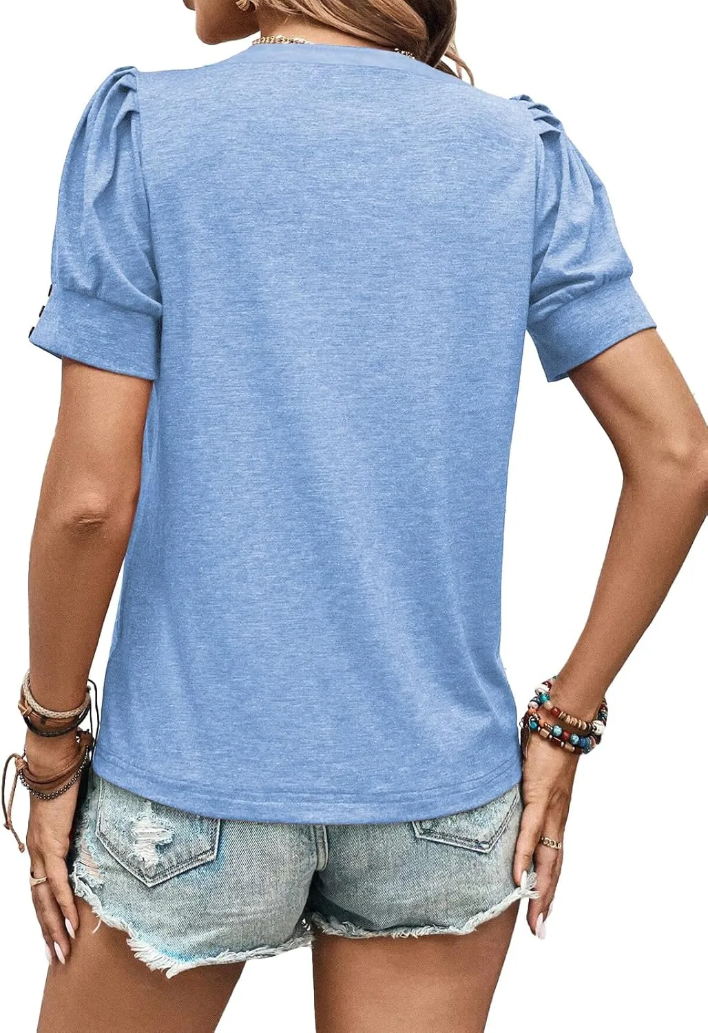Womens Summer Tops 2025 Puff Short Sleeves Shirts Dressy Casual Tee Ladies Blouses Stylish T-Shirts Cute Spring Tshirts