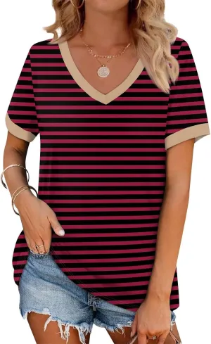 Womens Summer Tops Dressy Casual V Neck Short Sleeve Striped Color Block T Shirts Daily Going Out Blouses