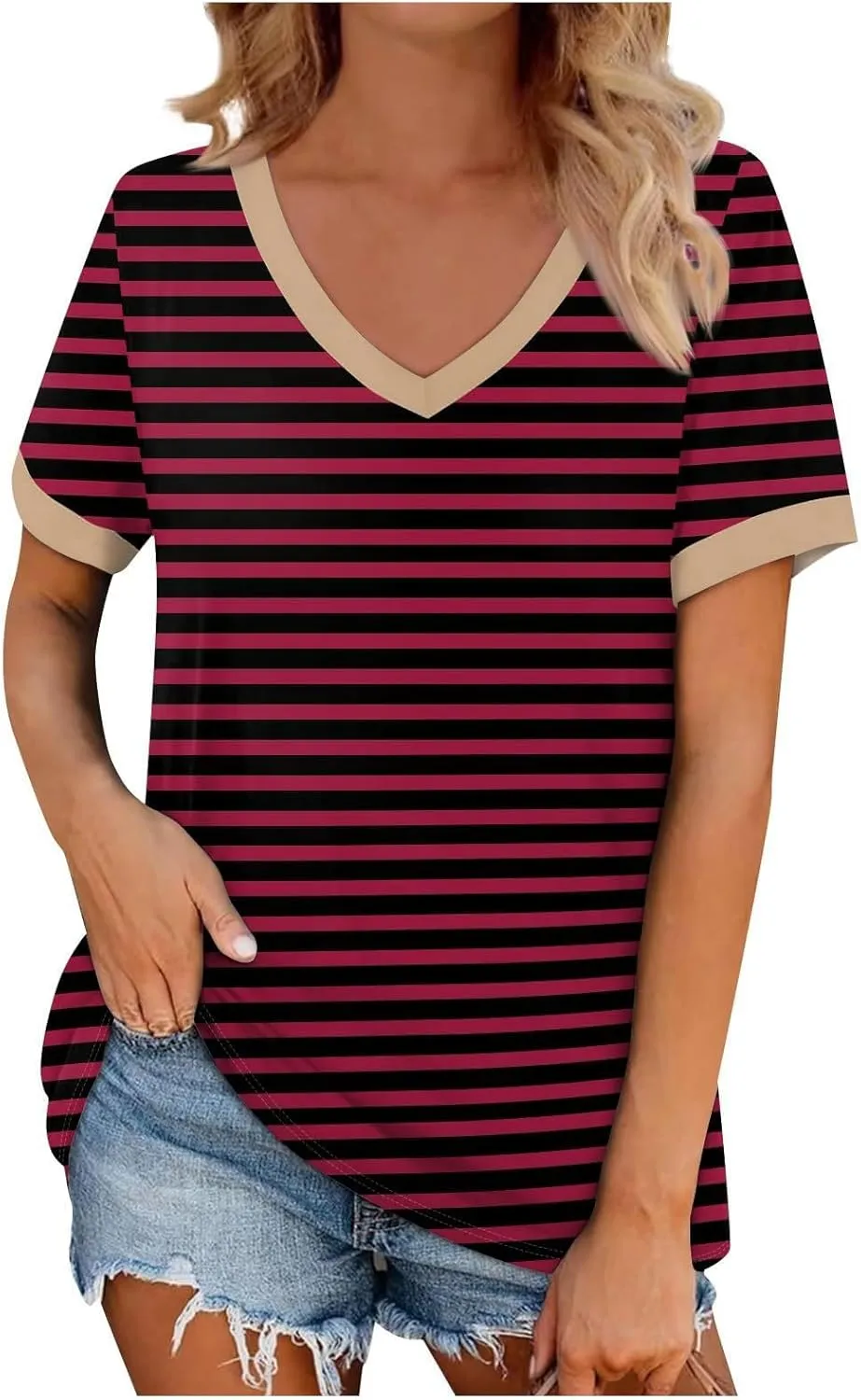 Womens Summer Tops Dressy Casual V Neck Short Sleeve Striped Color Block T Shirts Daily Going Out Blouses