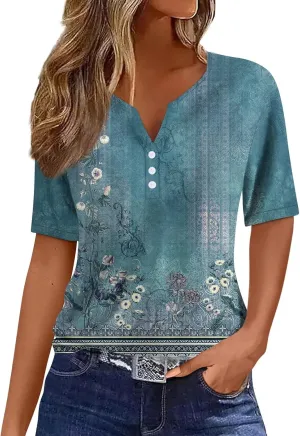 Womens T Shirts Short Sleeve Henley Neck Button Blouses Trendy Loose Dressy V Neck Printed Shirts 2025 Summer Spring