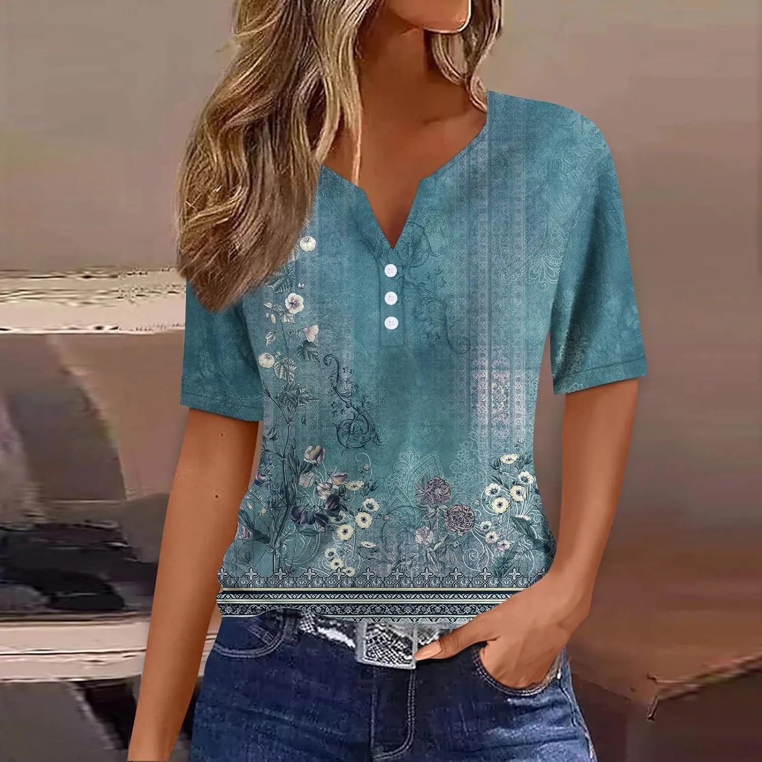Womens T Shirts Short Sleeve Henley Neck Button Blouses Trendy Loose Dressy V Neck Printed Shirts 2025 Summer Spring