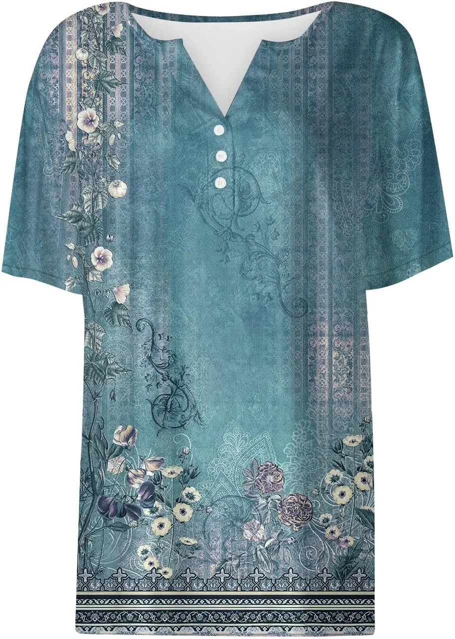 Womens T Shirts Short Sleeve Henley Neck Button Blouses Trendy Loose Dressy V Neck Printed Shirts 2025 Summer Spring