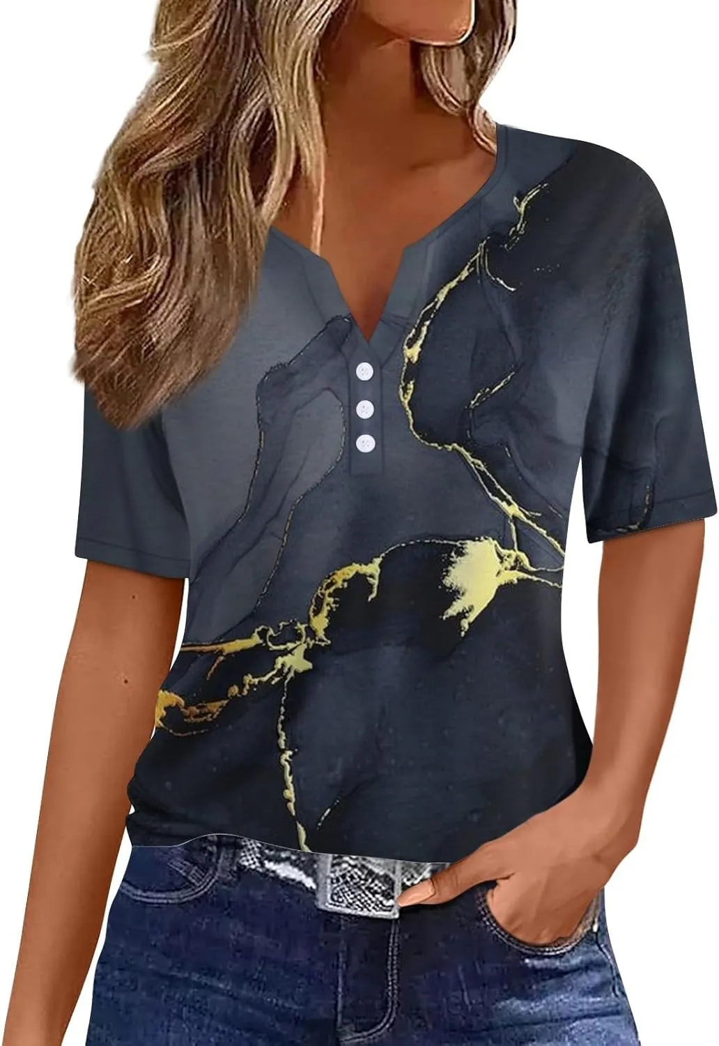 Womens T Shirts Short Sleeve Henley Neck Button Blouses Trendy Loose Dressy V Neck Printed Shirts 2025 Summer Spring