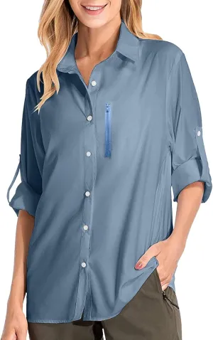 Women's UPF 50 Long Sleeve UV Sun Protection Safari Shirts Outdoor Quick Dry Sun Shirt Fishing Hiking Travel Shirts