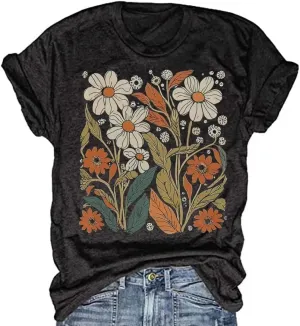 Women's Vintage Floral T Shirt Boho Wildflower Graphic Loose Tees Short Sleeve Casual Tops