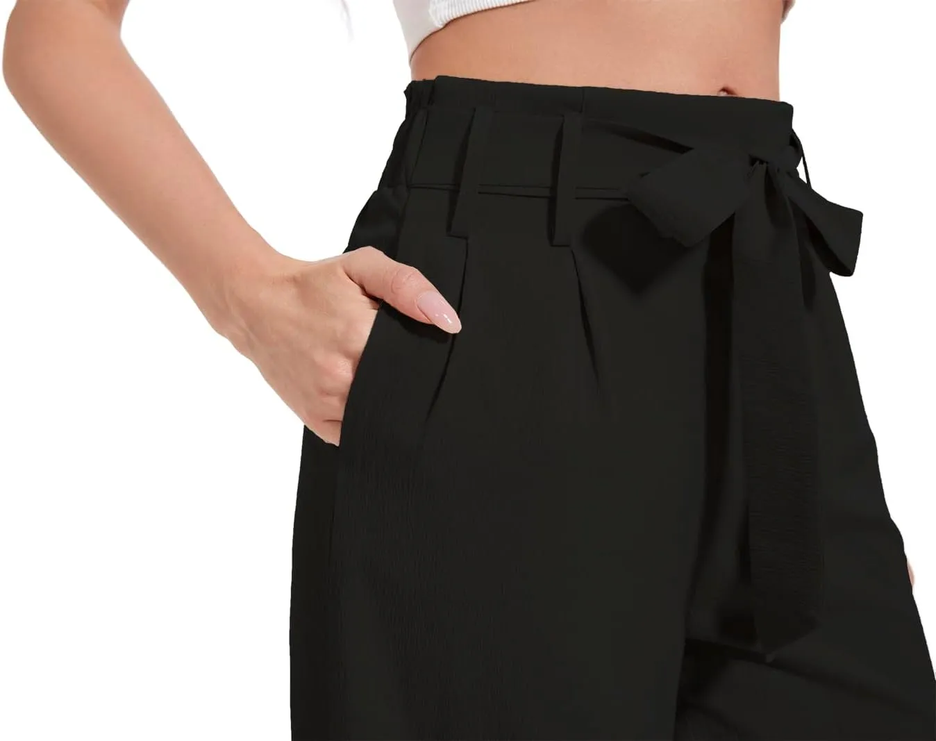 Women's Wide Leg Pants with Pockets, High Waist Adjustable Knot Loose Palazzo Trousers Business Work Casual Pants