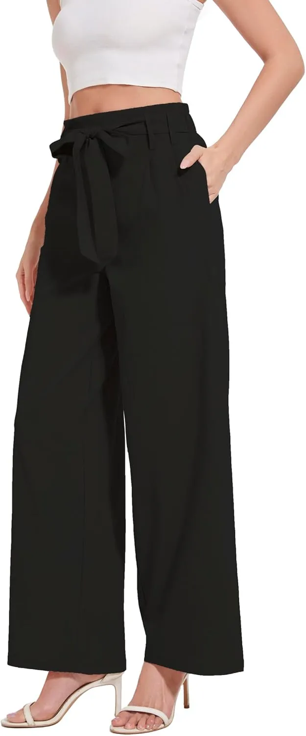 Women's Wide Leg Pants with Pockets, High Waist Adjustable Knot Loose Palazzo Trousers Business Work Casual Pants