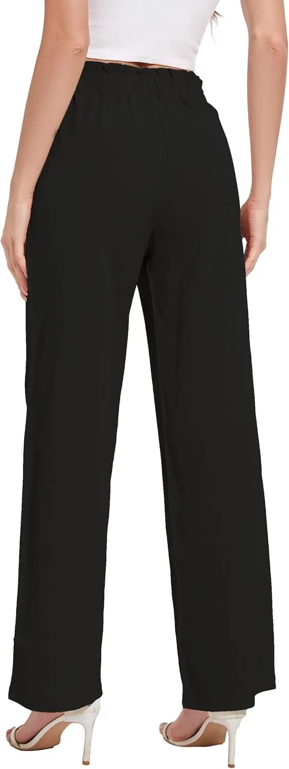 Women's Wide Leg Pants with Pockets, High Waist Adjustable Knot Loose Palazzo Trousers Business Work Casual Pants