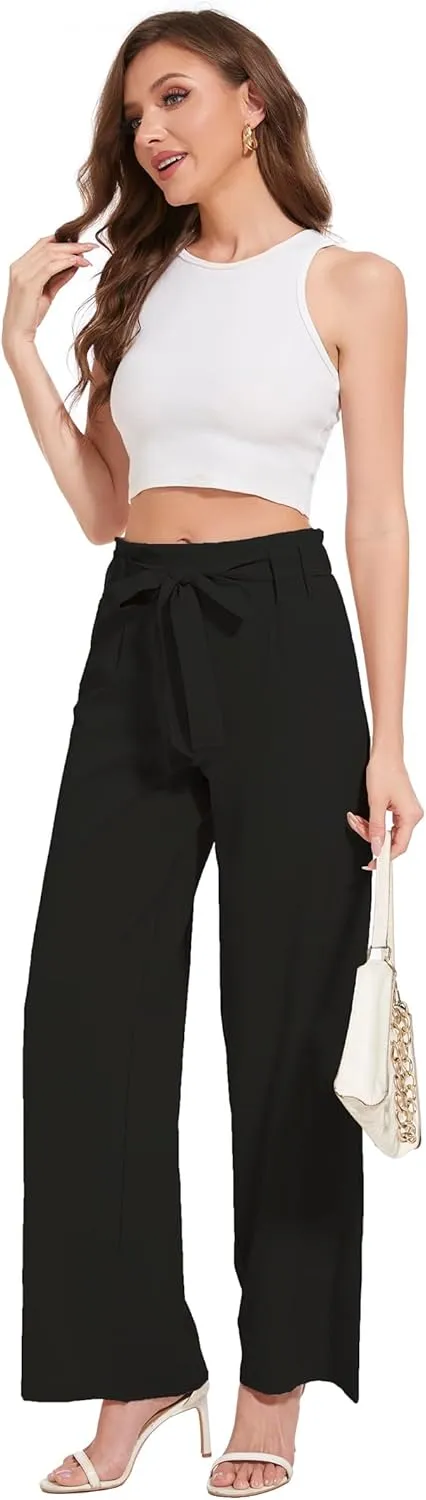 Women's Wide Leg Pants with Pockets, High Waist Adjustable Knot Loose Palazzo Trousers Business Work Casual Pants
