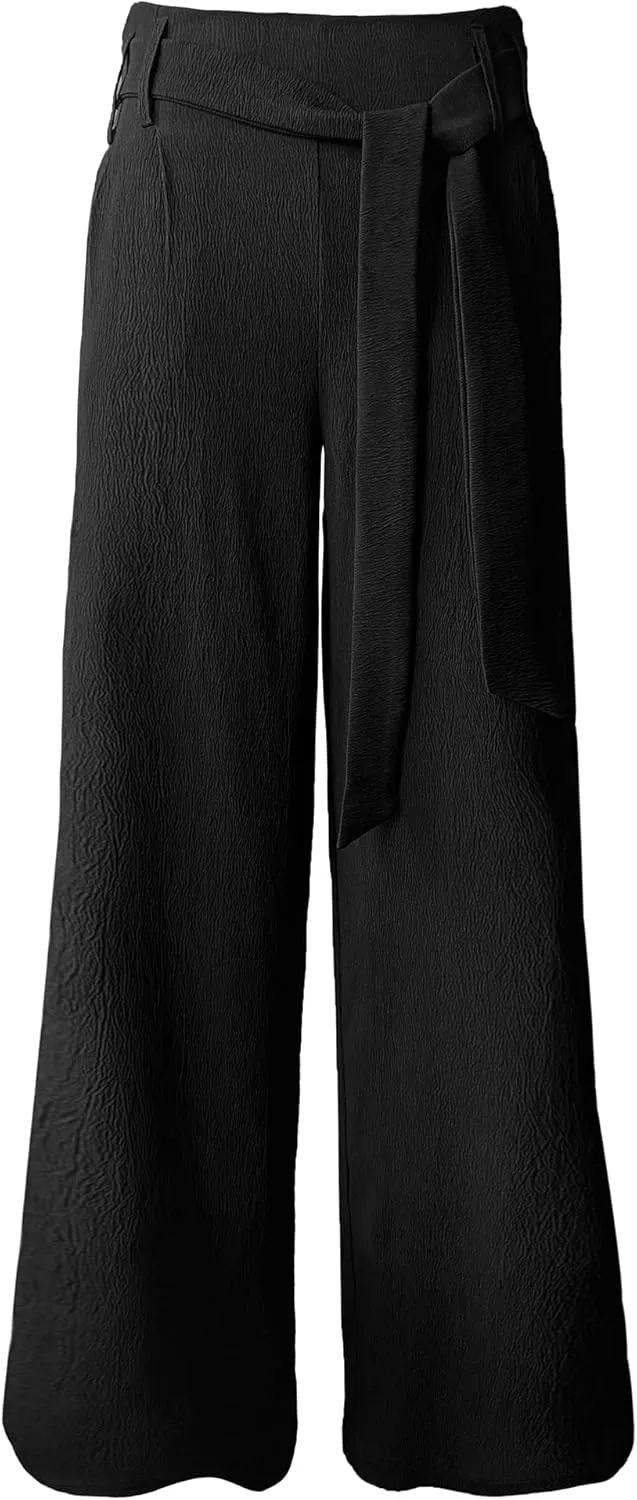 Women's Wide Leg Pants with Pockets, High Waist Adjustable Knot Loose Palazzo Trousers Business Work Casual Pants