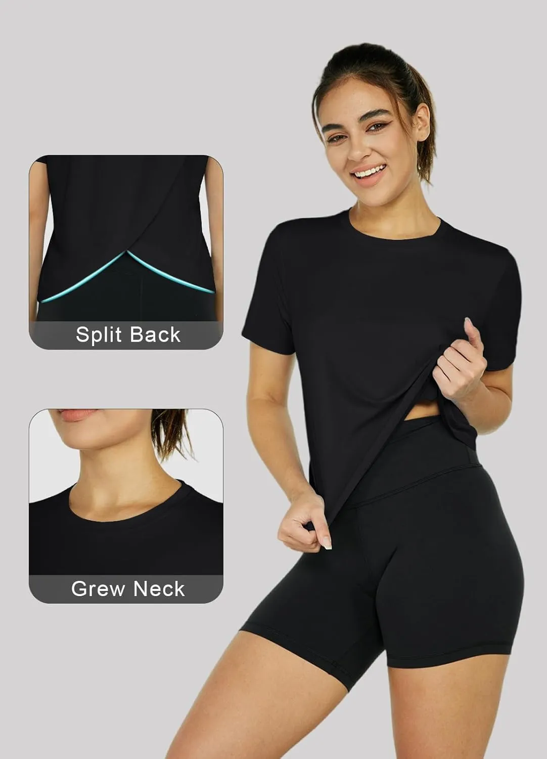 Women's Workout Shirts Short Sleeve Cropped Split Back Athletic Tops Active Running Gym Quick Dry Sun Shirts UPF 50 