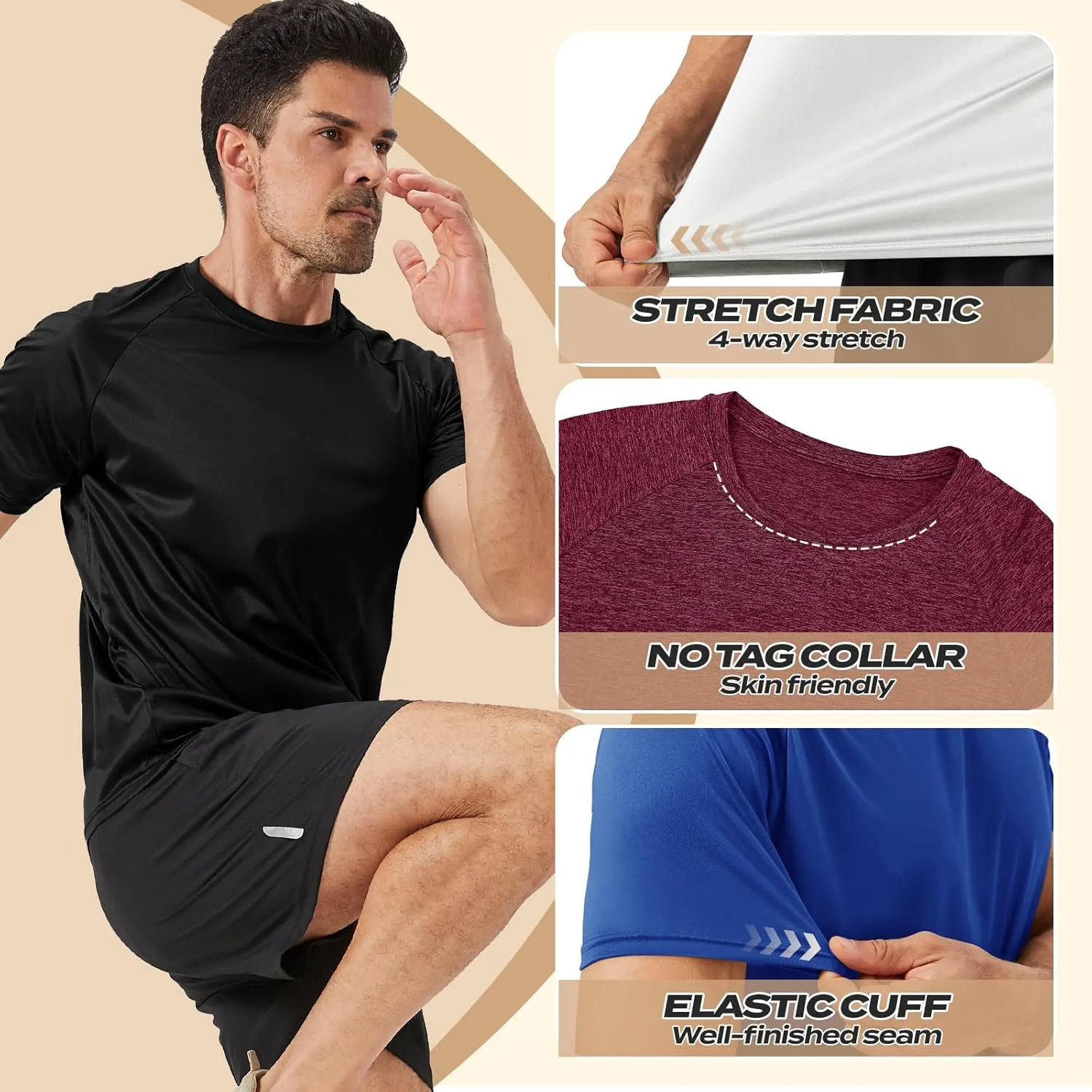 Workout Mens Shirts - Casual Black Quick Dry Moisture Wicking T-Shirts Crew Neck Short Sleeve for Gym Athletic Running