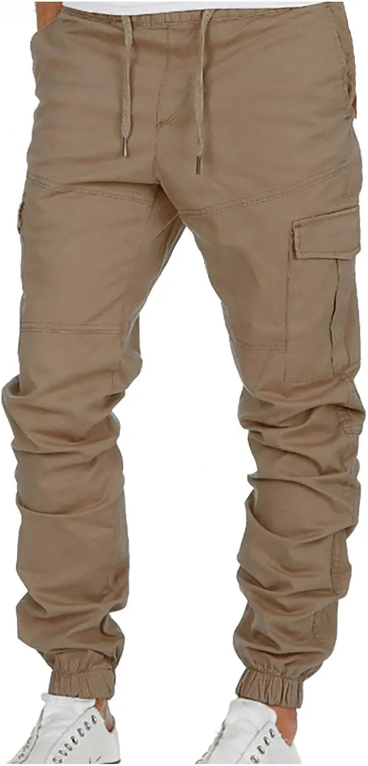 WUAI-Men Fashion Slim Fit Jogger Pants Drawstring Stretch Twill Cargo Athletic Workout Chino Utility Combat Pants with Pocket