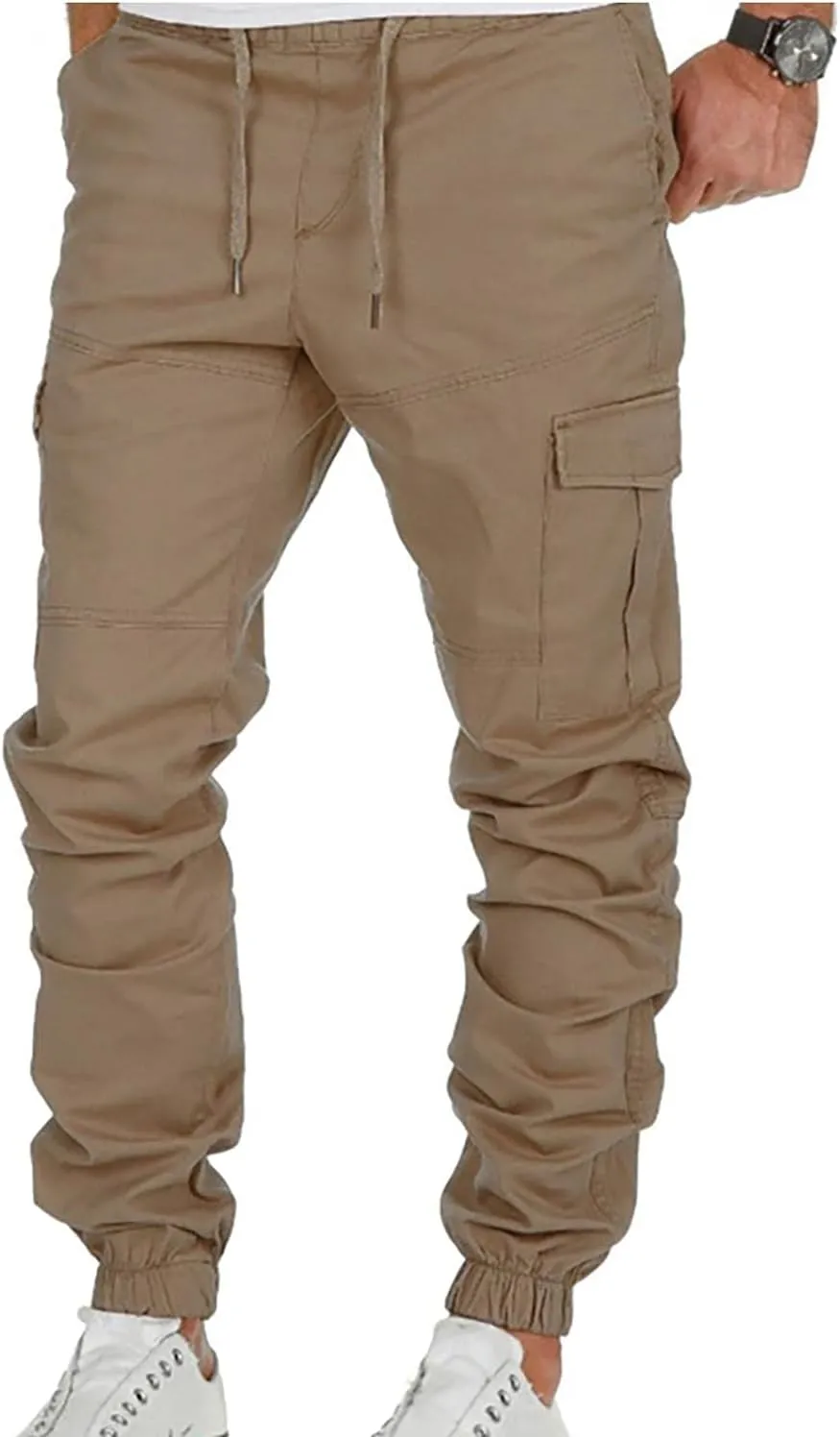WUAI-Men Fashion Slim Fit Jogger Pants Drawstring Stretch Twill Cargo Athletic Workout Chino Utility Combat Pants with Pocket