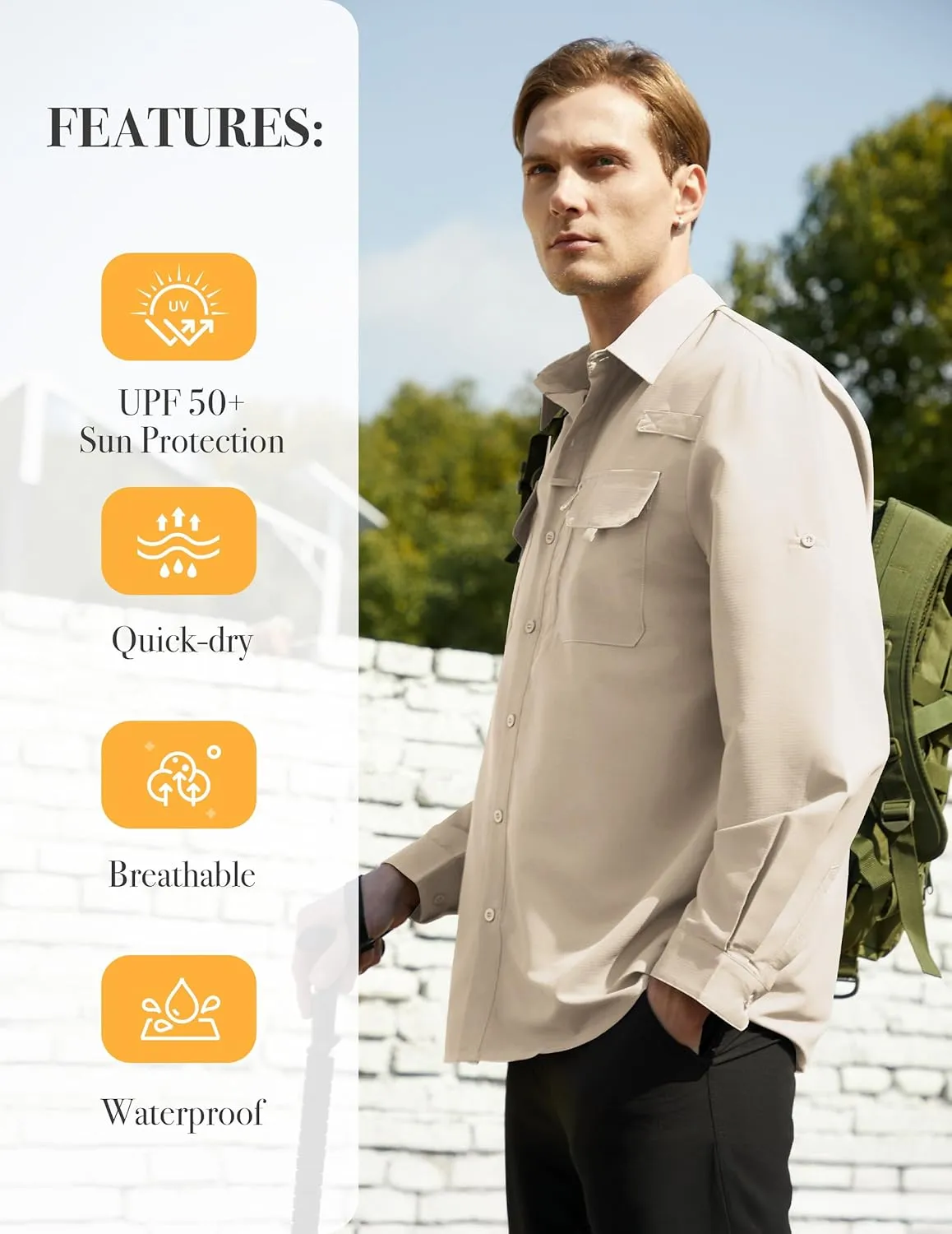 WULFUL Men's Sun Protection Fishing Shirts UPF 50  UV Lightweight Quick Dry Cooling Button Down Shirts for Work Hiking Safari