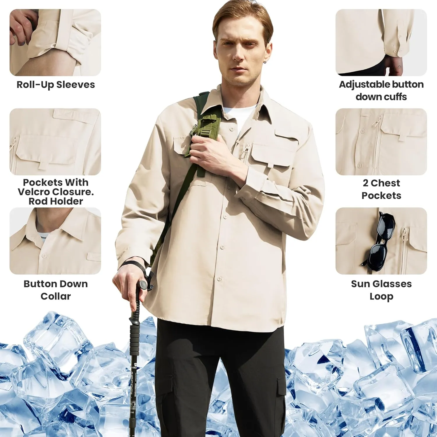 WULFUL Men's Sun Protection Fishing Shirts UPF 50  UV Lightweight Quick Dry Cooling Button Down Shirts for Work Hiking Safari