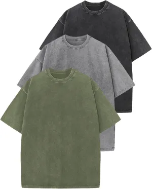 Wyeysyt 3 Pack Men's Oversized T Shirts Vintage Baggy Tee Cotton Loose Short Sleeves Casual Acid Wash Shirts Unisex Tops