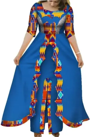 XIAOHUAGUA African Dresses for Women Dashiki Half Sleeve 2 Layers Long Skirt African Clothing Pachwork Party Dress