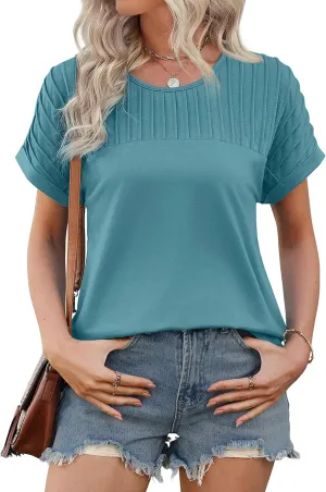 XIEERDUO Womens T Shirts Casual Summer Tops Pleated Crewneck Short Sleeve Blouses Trendy Beach Vacation Clothes
