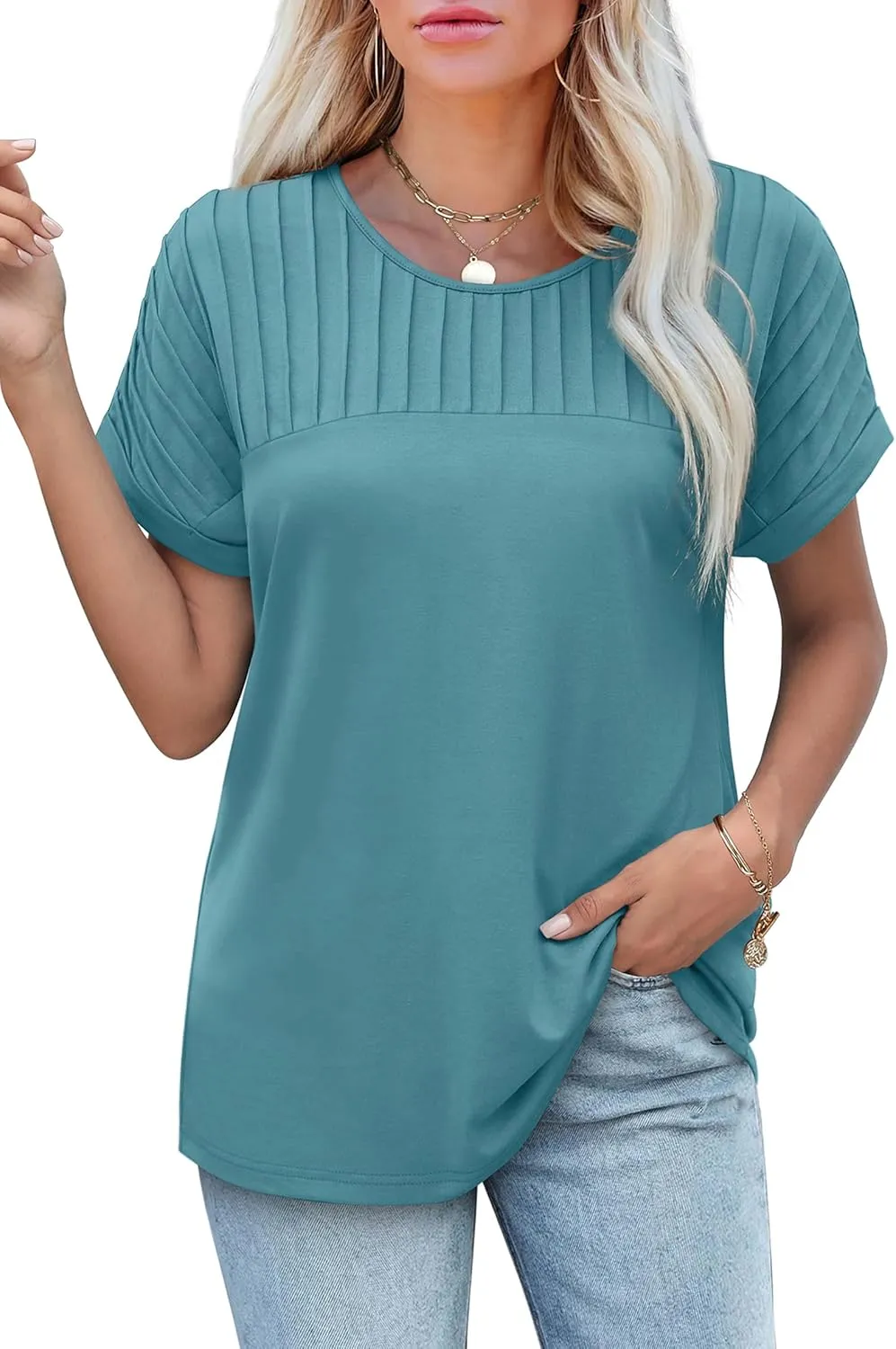XIEERDUO Womens T Shirts Casual Summer Tops Pleated Crewneck Short Sleeve Blouses Trendy Beach Vacation Clothes