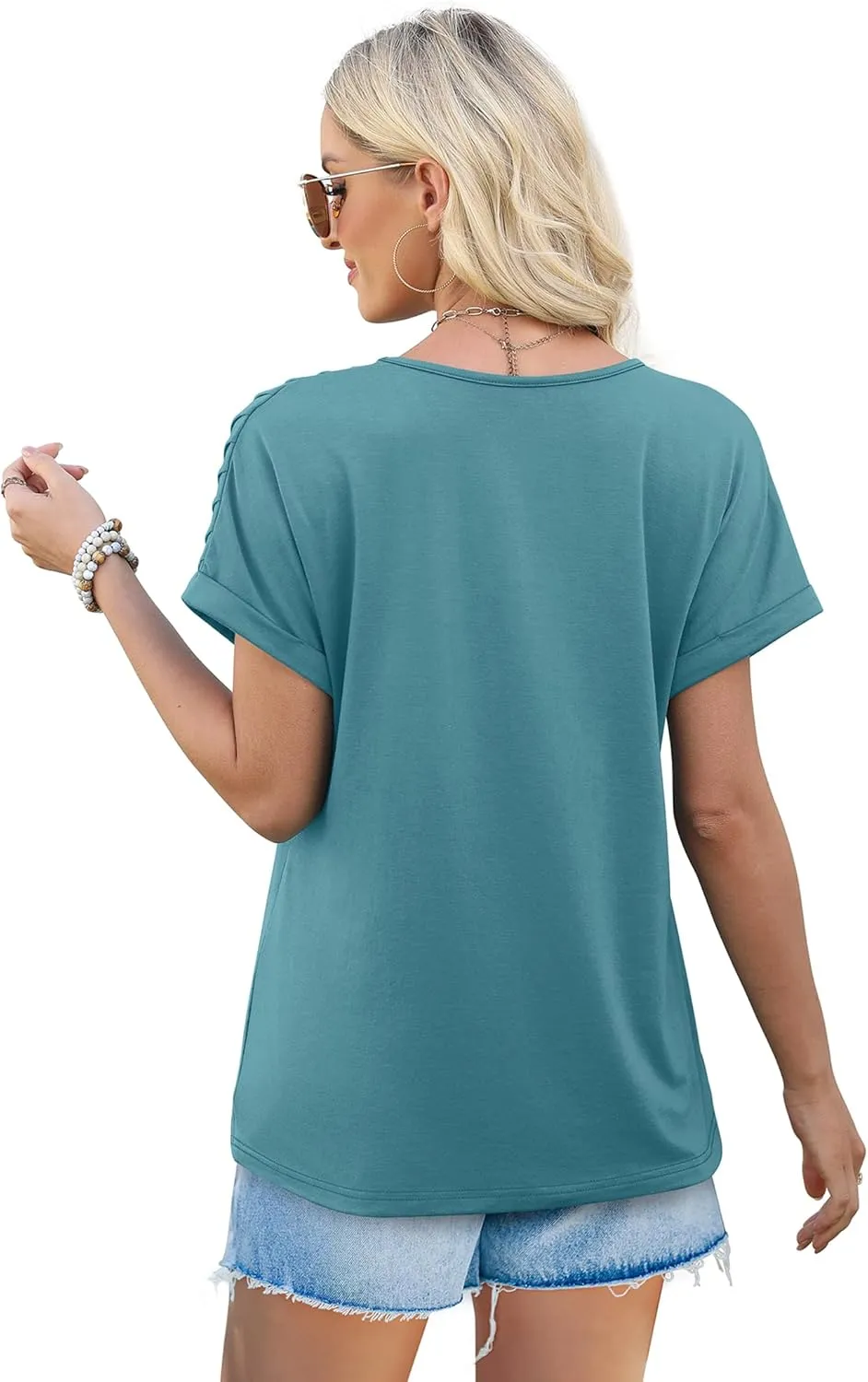 XIEERDUO Womens T Shirts Casual Summer Tops Pleated Crewneck Short Sleeve Blouses Trendy Beach Vacation Clothes