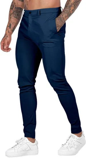 XUETON Mens Slim Fit Dress Pants Casual Business Office Work Skinny Suit Pants Comfort Flat-Front Stretch Chino Tapered Straight Leg Golf Dress Pants Slacks Trousers Navy