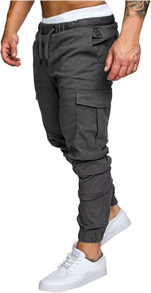 XUETON Mens Tapered Cargo Pants Slim Fit Chino Joggers Casual Work Trousers Sweatpants with Pockets and Drawstring Gray